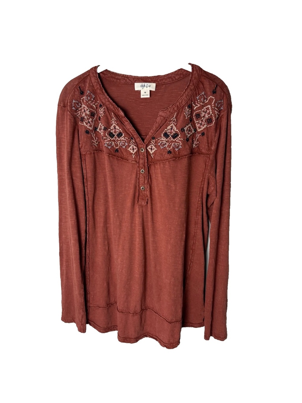 Style & Co Top Size Medium 3/4 Roll-Tab Sleeves Embroidered Beaded Cotton Casual